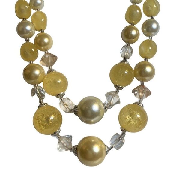 Japan Yellow Crackle Beaded Graduated Faux Pearl 2 Tier Silver Tone Necklace 16” - Picture 11 of 14